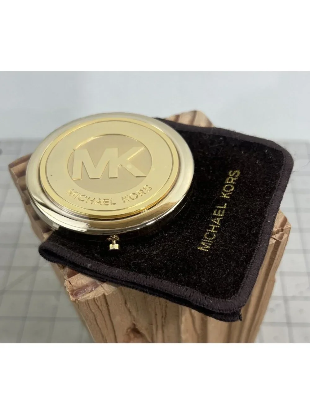 Michael Kors Gold Compact Mirror With Logo Design & Protective Pouch